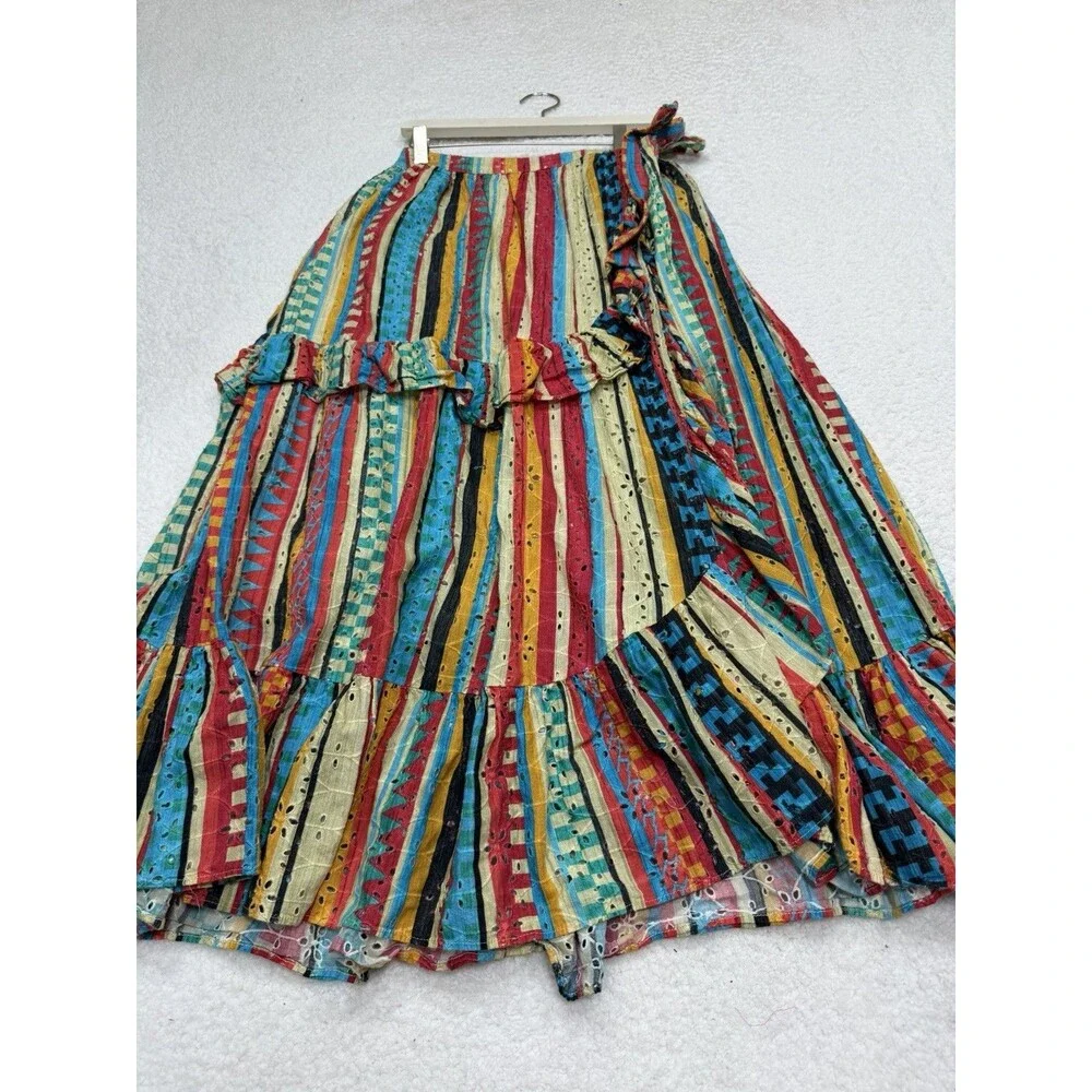 Anthropologie Verb Wrap Maxi Skirt Blue Ruffled Eyelet Preppy Retro Boho Size XS